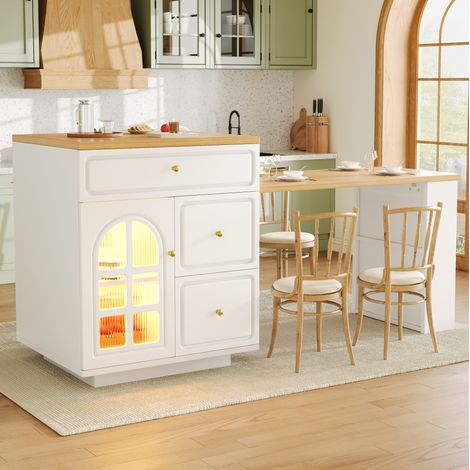 Isola cucina estensibile con cassetti e LED RGB, 122,5-195,5 x 59 x 93,5 cm, bianco (1/5)