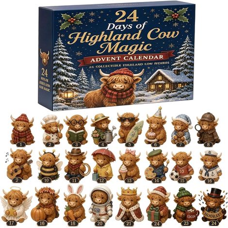 Highland-Cow-Adventskalender 2026, 24 Tage, 3D-Kuh-Weihnachts-Countdown
