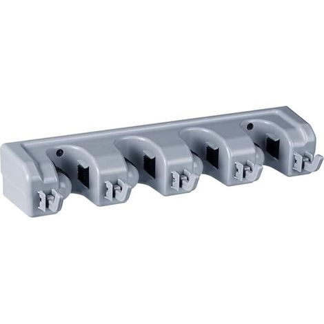 Wandmontierter Besenhalter mit vorgebohrten Löchern. Wandmontierter Besenhalter mit 4 Schlitzen und 5 Haken. Praktische Aufbewahrungslösung fürs Badezimmer. (1/4)