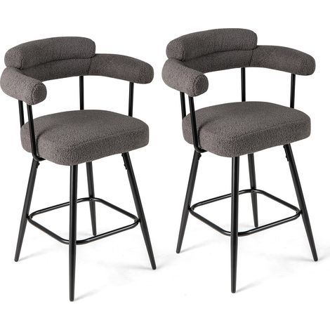 2 tabourets de bar gris en bouclé avec dossier courbé, accoudoirs, rotation à 360 et repose-pieds pour cuisine, bar et comptoir (1/5)