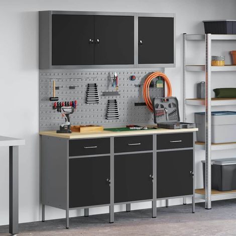 Werkbank mit Schubladen 8 pcs Schwarz Ingenieure Holz und Stahl vidaXL