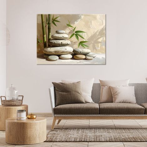 Wandbild Zen Spa Steine Bambusblätter in Beige 90x60 (1/4)