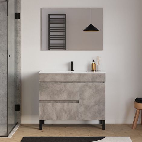 Meuble de salle de bain 100cm simple vasque sur pieds avec porte et tiroirs - ciment (gris) - LAZARO (1/5)