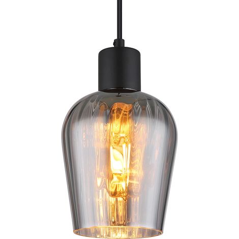 Hängeleuchte Rauchglas Esszimmerlampe schwarz Pendelleuchte Wohnzimmer, Metall, E27 Fassung, DxH 13,5x150 cm