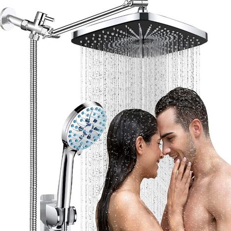 Combinaison de douchette, ensemble de douche rectangulaire de 12 pouces, pomme de douche à 4 modes, pomme de douche à main à haute pression, ensemble de robinet de douche chromé (1/5)