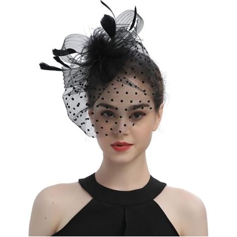 Vintage Feder-Fascinator – Schwarzer Sinamay-Fascinator-Haarreif für Hochzeiten (Ascot) – Vogelkäfighut mit Netzschleier – Damenhut für Hochzeits-Teestunden (1/5)