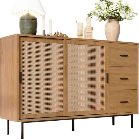 Sideboard 140×91×37 cm, mit 2 Schiebetüren und 3 Schubladen, verstellbare Einlegeböden, Landhausstil Buffetschrank für Wohn- und Esszimmer