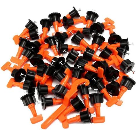 Système de nivellement de carrelage, 100 entretoises de carrelage orange et 2 clés spéciales, kit d'outils réutilisables pour l'installation de carreaux de pierre sur les murs et les sols des bâtiment (1/5)