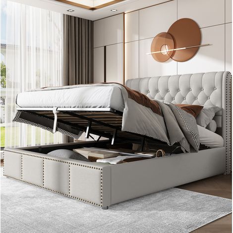 Bett im europäischen Minimalstil aus Leinen in Grau 140x200 cm mit hohem Kopfteil und Bettkasten (1/5)