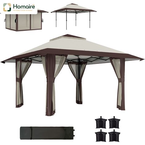 HOMAIRE Pavillon 4x4m beige, wasserdicht, UV 50+, höhenverstellbar, faltbar mit Netzwänden, Tragetasche und Sandsäcken für Camping, Garten und Festival