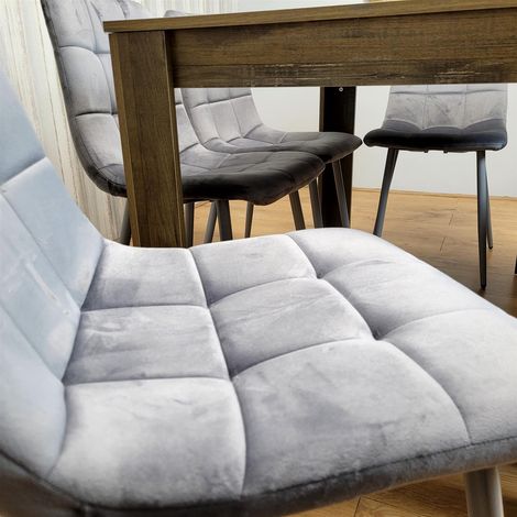 Wooden Dining Table Set for 6 Rustic Effect Table With 4 Grey Velvet Chairs and 1 Bench (1/5)