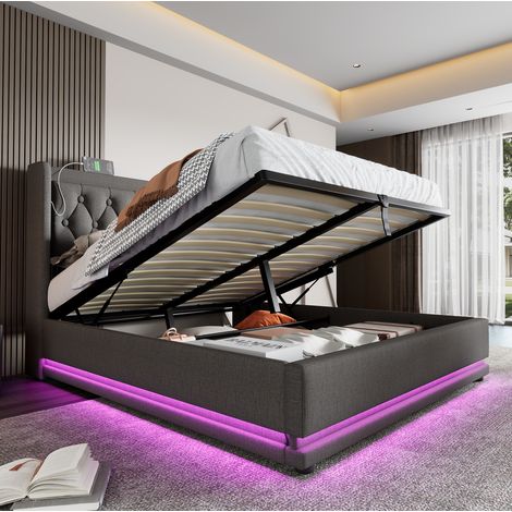 Lit coffre en coton gris 140x200 cm avec LED 3 côtés, USB/Type-C et sommier à lattes inclus (1/5)
