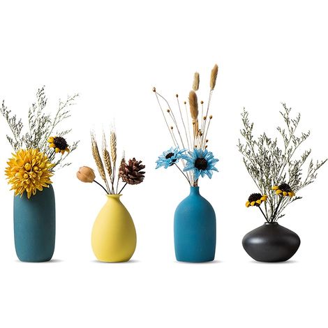 Set 4 vases céramique décoratifs petits formes macaron bleu jaune noir salon qualité pro usage quotidien (1/5)