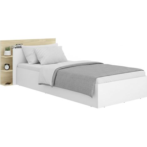 Letto Singolo Montic, Contenitore, Dimensione Materasso 90x190 cm, Testiera con Libreria Inclusa, Bianco