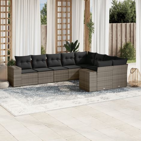 Ensemble Salon Jardin Résine Tressée 10 Pièces Table Verre Trempé Sièges et Canapés Beige Coussins Gris Déhoussables Modulable (1/5)