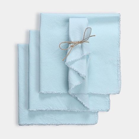 12 serviettes de table unies en lin mélangé - 45 x 45 cm, avec pompons, en lin et coton, carrées, réutilisables, idéales pour les mariages, les fêtes et la maison, bleu ciel (1/5)