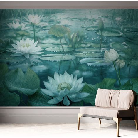Papier peint adhésif avec colle pour décoration moderne de salon chambre à coucher cuisine et bureau Facile Fleurs aquatiques 312x219 cm (1/5)