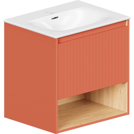 BERNSTEIN - Mueble lavabo suspendido MDF Albaricoque mate, lavabo DURAVIT Blanco brillo, orificio grifería, rebosadero, desagüe 63x49x62cm - BELDIVO Albaricoque mate