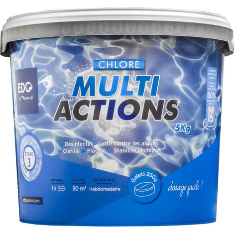 Aqualux – Désinfectant chloré de piscine – Chlore multiactions en galets 250 g – Seau de 5 kg – Action longue durée et floculant intégré