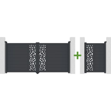 Portail battant 3m RUIVO H.140cm + Portillon 1m RUIVO H.140cm aluminium gris