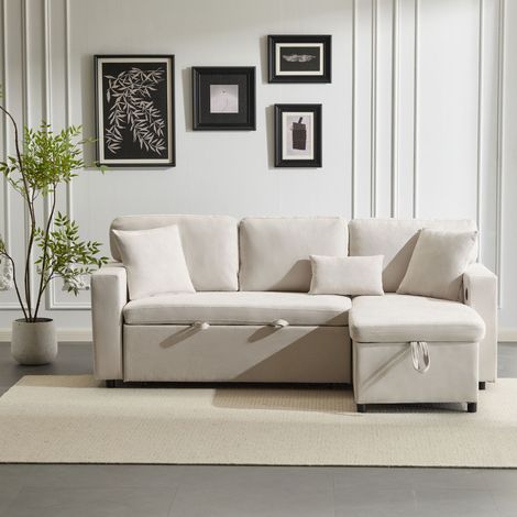 Canapé d’angle convertible 4 places beige, méridienne réversible, coffre de rangement, étagère et port USB, 214 x 131 x 87 cm (1/5)