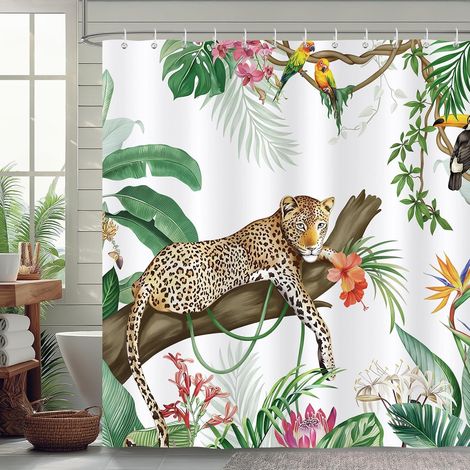 Cortina de ducha con estampado de leopardo tropical, 180x180 cm, hojas de palmera, poliéster resistente al moho con 12 ganchos. (1/5)