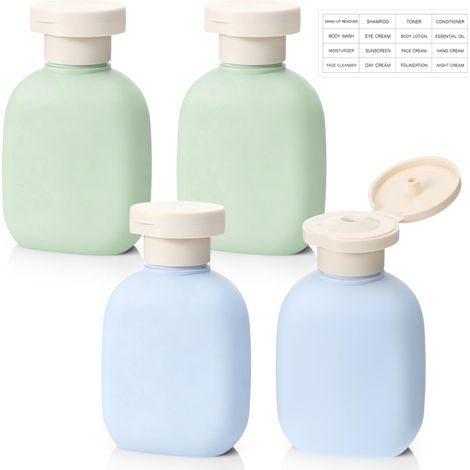 Lot de 4 bouteilles de voyage, à compression, rechargeables, en plastique, avec bouchon à rabat, anti-fuite, pour shampooing, gel douche, lotion, crèmes (100 ml, vert, bleu) (1/5)