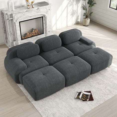 Divano modulare 3 posti con 3 pouf, tessuto a coste, senza montaggio, grigio DESVIAE (1/5)