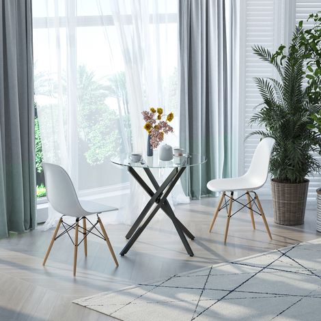 Table de salle à manger moderne en verre, 80 cm de diamètre, table de cuisine avec plateau en verre trempé et pieds en métal, pour 4 personnes