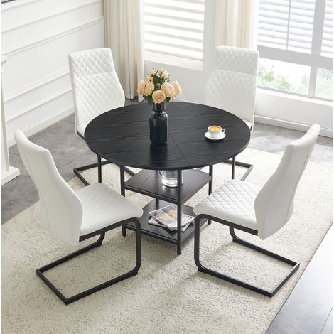 Essgruppe mit rundem Tisch 107 cm und 4 Stühlen Schwarz/Weiß MDF Metall Industrie-Stil (1/5)
