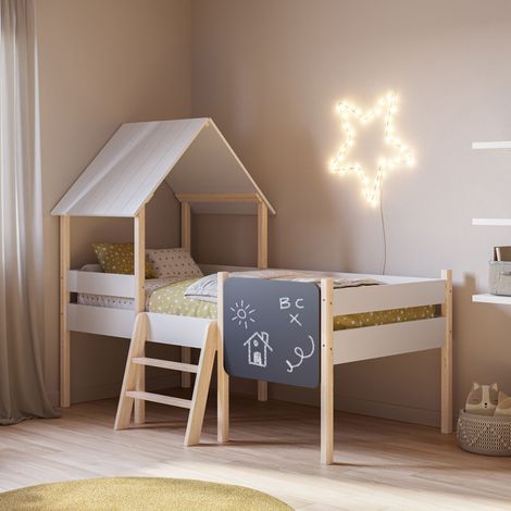 Lit cabane avec ardoise 90x190 cm en pin blanc et naturel