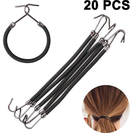 Ponytail Hooks - Elastic Bungee Hair Bands with Metal Hooks - For Ponytails Braids Half-Knots - 20 Pieces (1/5)