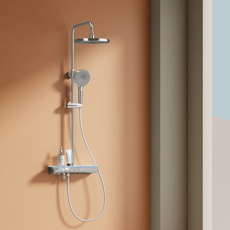 EMKE Duschsystem mit Thermostat & LED-Digitalanzeige Wasserkraft, 30cm Regendusche mit Piano-Tasten-Steuerung Kindersicherung
