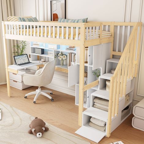 Lit surélevé 90x200cm avec éclairage LED, échelle à rangement, étagères et bureau, sans matelas, blanc et bois naturel (1/5)