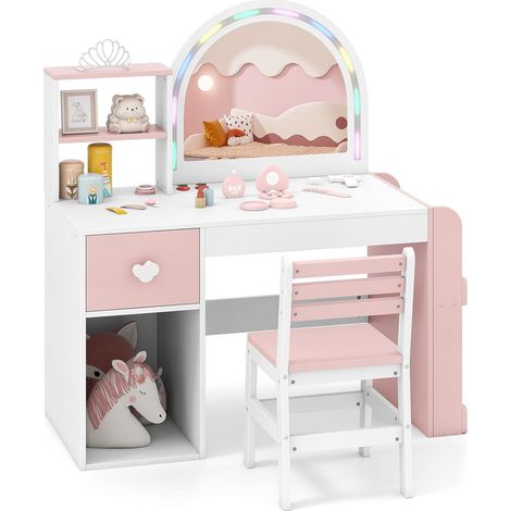 COSTWAY Coiffeuse Enfant Fille avec Chaise et Miroir Lumineux, Bureau Enfant avec Bibliothèque Ouverte & Tiroir & Compartiment & Étagères, Style Princesse, Charge 50/75kg pour 3 Ans+ (Blanc) (1/5)