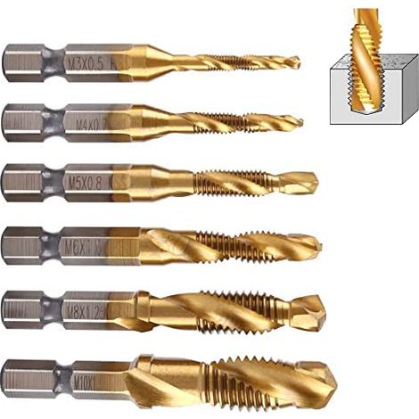 6pcs Set Forets taraudés, Tarauds et filières, M3-M10 Foret Taraudeur, 1/4 pouce foret filetage metaux, tige hex revêtue de titane pour en aluminium mince cuivre plastique bois ensemble (1/5)