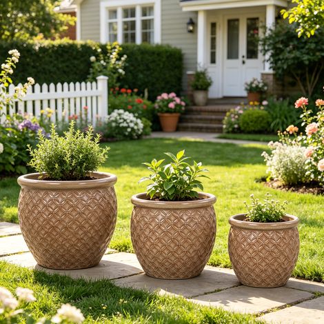 Set di 3 vasi da fiori in ceramica beige 38,5/30,5/23 cm drenanti – MEUBLIV (1/5)