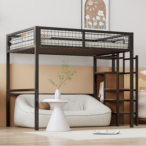 Lit mezzanine moderne 140x200 cm en métal et MDF noir avec échelle sécurisée, armoire intégrée et sommier à lattes (1/5)