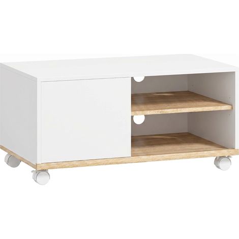 Meuble TV sur Roulettes avec Freins Support TV avec Placard et Étagère Blanc et Chêne 80 cm -PANGIVO (1/5)