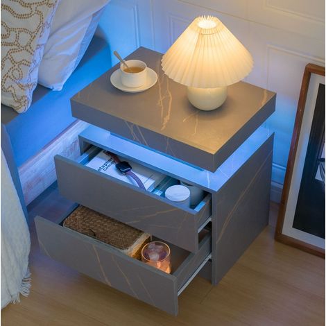Table de chevet LED gris et doré en bois d'ingénierie avec 2 tiroirs et rangement (1/5)