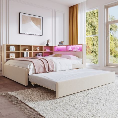 Multifunktionsschlafsofa 140x200 mit Ausziehbett 90x190 und Stauraum, Polsterbett mit LED Beleuchtung und Steckdose, Flanell Beige (1/5)
