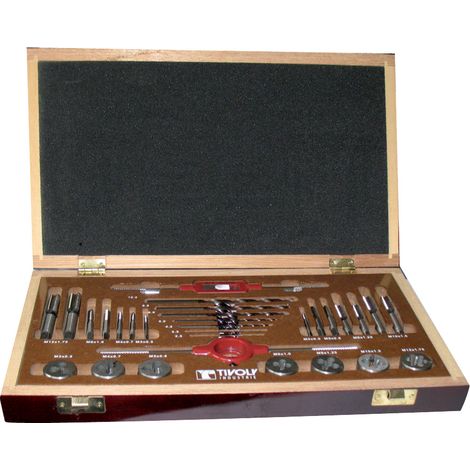 Tivoly • Valigetta PRO 30 pezzi • 7 set di 2 maschi HSS da M3 a M12 • 7 filiere HSS da M3 a M12 • 7 punte per metallo HSS da Ø2.5mm a Ø10.2mm • 1 tornio sinistrorso • 1 portafiliera • Per la lavorazio