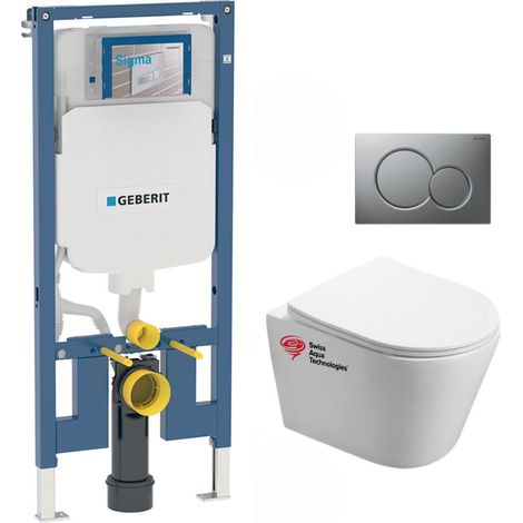 Pack WC Bati-support Geberit extra-plat + Cuvette Swiss Aqua Technologies sans bride fixations invisibles + Plaque (1/5)