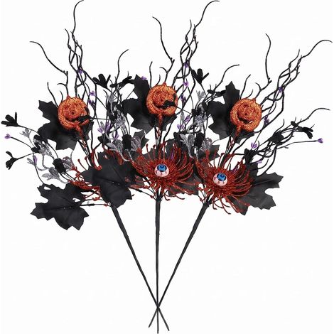 3 branches de fleurs artificielles noires, 56 cm, composition en vase, décoration pour fête d'Halloween, avec citrouilles et yeux décoratifs (1/5)