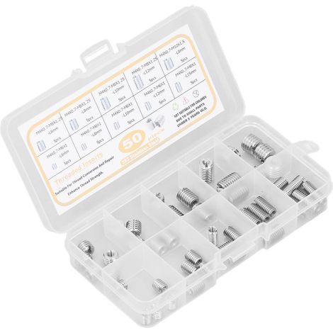 Kit de 50 inserts filetés en acier inoxydable 303 avec boîte de rangement argentée (1/5)
