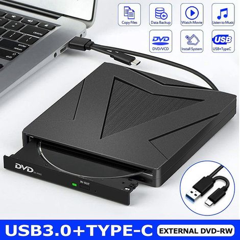 lecteur Cd/dvd Externe Usb 3.0/type C Double Interface, Noir (1/5)