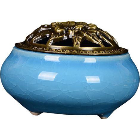 Brûleur d'encens en céramique bleu ciel, effet givre, avec couvercle, pour la maison ou l'intérieur