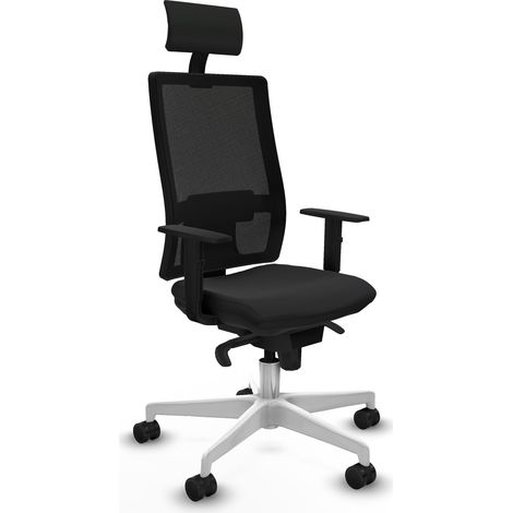 Horna sincro malla negra similpiel negro brazos 1D base blanca cabecero fijo ruedas 65mm nailon (1/5)