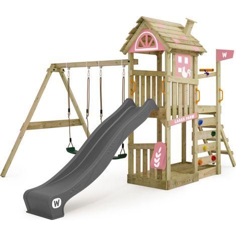 Parque infantil de madera Wickey FarmFlyer estilo granja con Tobogan en rosa claro