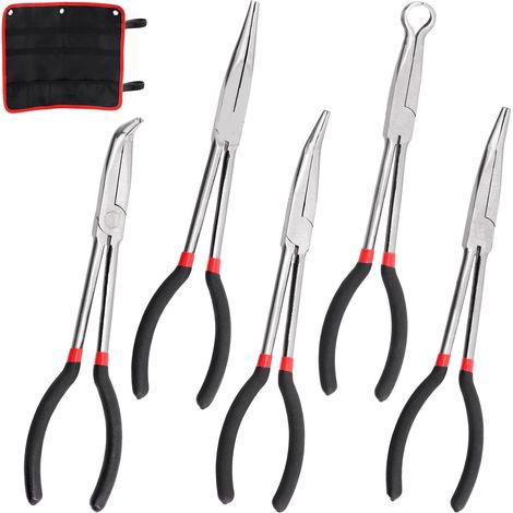 Lot de 5 pinces à bec aiguille de 27,9 cm de long avec sac de rangement comprenant droit, 25 degrés, 45 degrés, angle de 90 degrés et pince circulaire longue portée pour réparation automobile, (1/5)